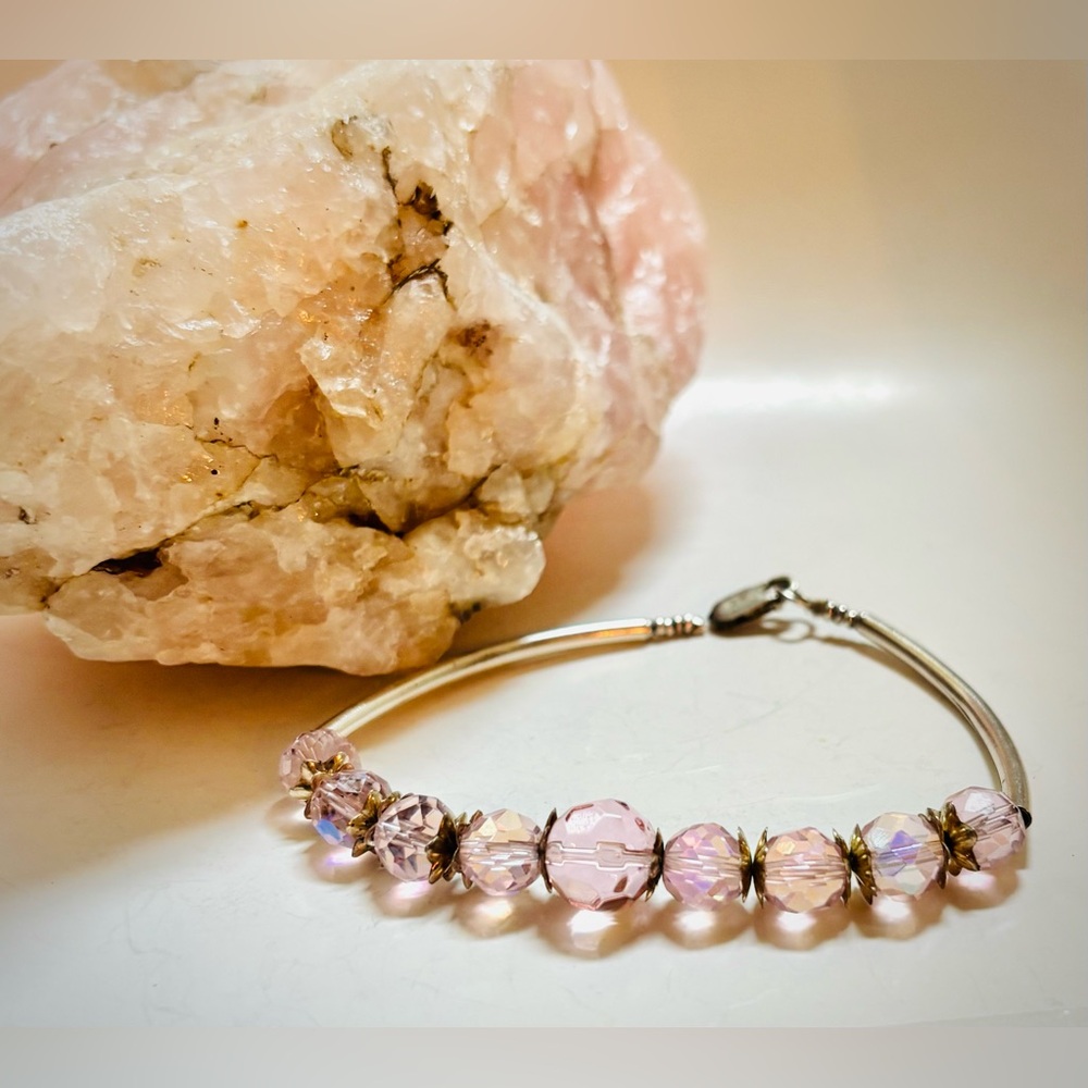 Sterling Silver Pink Faceted Crystal Coquette Girl Bracelet Size 7 1/4”